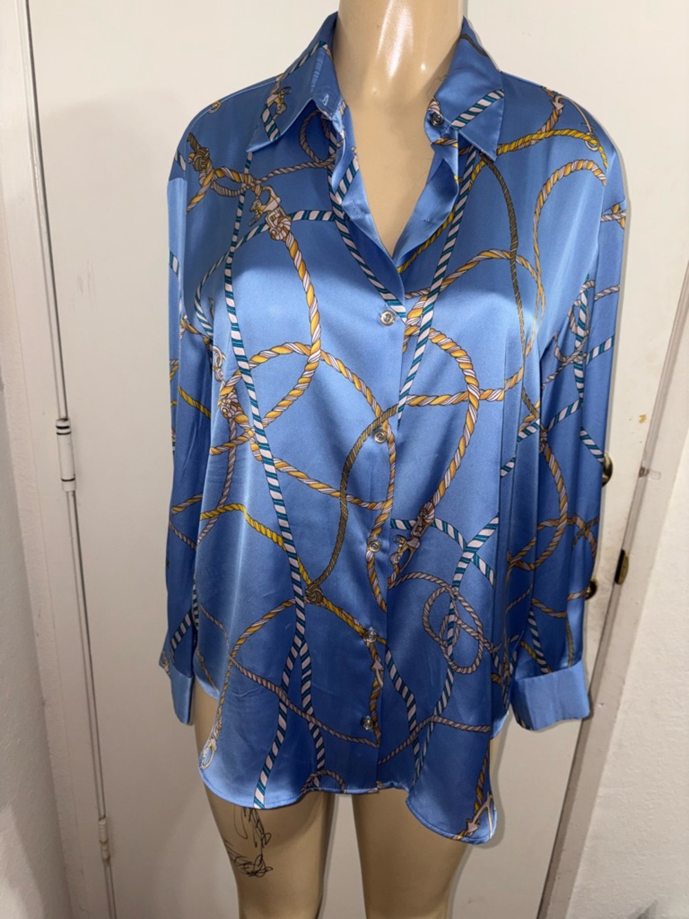 Zara Gold Button Down Satin Shirt Chain And Rope Print Long Sleeve Size S